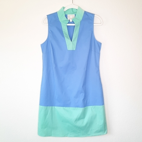 Sail to Sable Marine Blue and Cabbage Color Block Shift Dress M - Picture 3 of 6